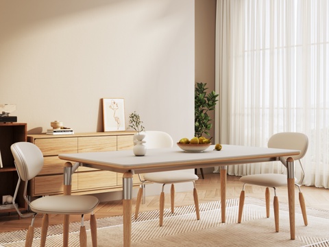  原木风餐厅 奶油风 简约 原木风餐桌椅3d模型 