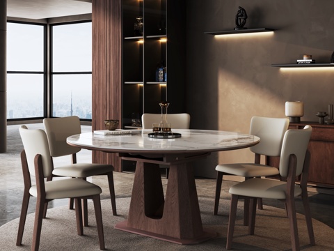  现代餐厅 高级餐厅 中古风餐厅 轻奢餐厅 奢石 胡桃木餐桌椅3d模型 
