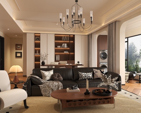  法式中古客厅书房 中古客厅沙发茶几 奶油风书房客厅 简约中古3d模型 