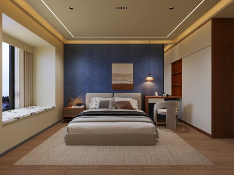  中古风家居卧室 中古奶油风卧室 现代卧室 中古风主卧 奶油风3d模型 