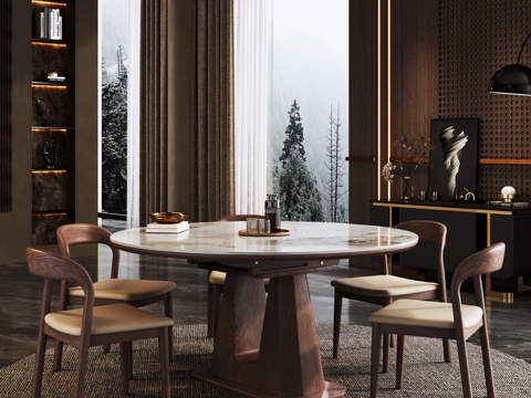  现代餐厅 轻奢 高级餐厅 胡桃木餐桌椅 简约3d模型 