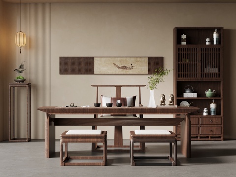 新中式茶桌椅 博古架su模型