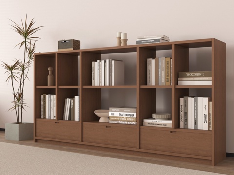 中古风书柜 展示柜 书架 实木置物柜 落地书柜su模型