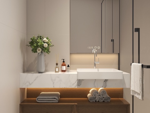 现代简约卫生间 现代简约浴室柜 木纹悬浮浴室柜 中古风浴室柜su模型