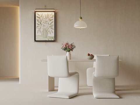 现代奶油风餐桌椅 条形餐桌su模型