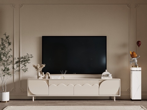  奶油风电视柜su模型 