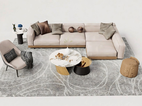 现代简约沙发组合 L型沙发组合 大理石茶几 布艺沙发su模型