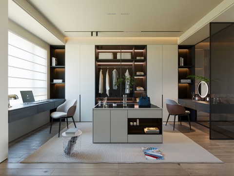  衣帽间 现代衣帽间 奶油风衣帽间 衣帽间岛台 衣柜 化妆镜3d模型 