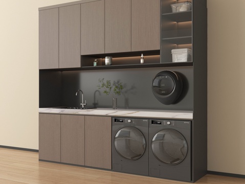 现代洗衣机柜 阳台柜 洗衣机 烘干机 壁挂洗衣机su模型