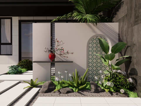  现代奶油风景观 庭院造型景墙   屏风隔断围墙 背景墙su模型 