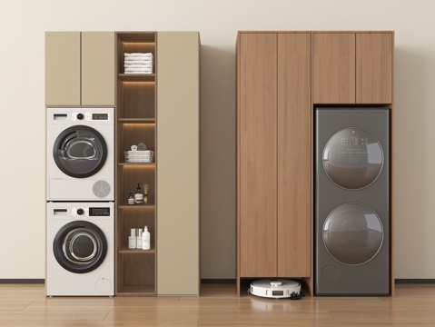 现代洗衣机柜 阳台柜 洗衣机 烘干机 洗烘一体机 扫地机器su模型