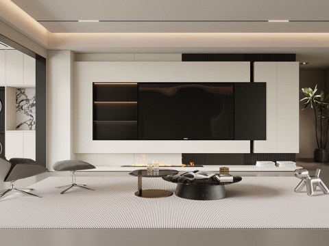 现代简约客厅 电视背景墙 电视柜 沙发茶几组合su模型