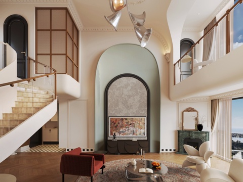  法式客厅 挑空混搭3d模型 