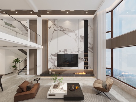  别墅错层挑高客厅餐厅别墅大堂意式现代模型3d模型 