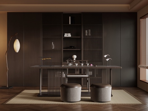 新中式书房 书柜 书桌椅su模型