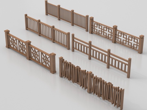 中式围栏护栏 庭院木篱笆栅栏 实木栏杆围挡su模型