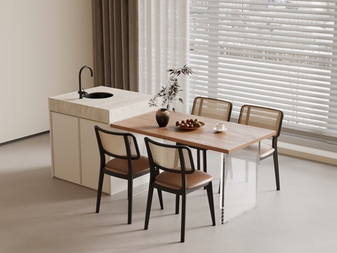 中古风岛台 餐桌椅su模型