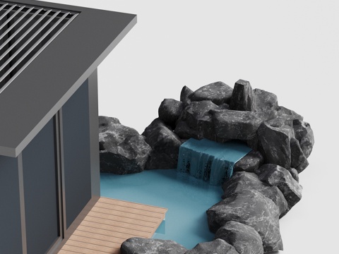 现代庭院花园 山水景观 叠水景观 石头 景石 阳光房 铝合金su模型