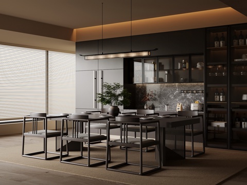 新中式餐厅 餐桌椅 餐边柜su模型