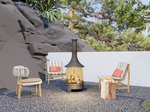  现代庭院花园 围炉煮茶 休闲椅 木墩茶几 高山地形su模型su模型 