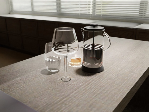 现代简约法压壶 饮品器具 法式压滤壶 高矮玻璃杯 茶蜡杯su模型