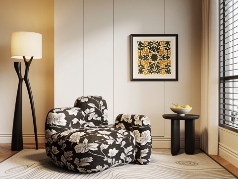 法式复古单人沙发 休闲沙发 落地灯 边几 挂画su模型