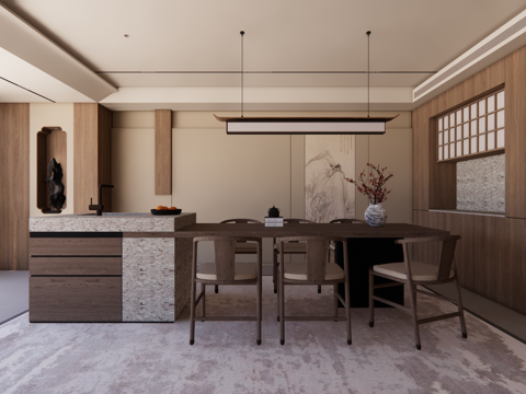  中古家居餐厅 中古风餐厅 餐桌椅 酒柜su模型 