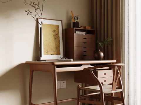 中古风书桌椅 写字台 学习桌椅su模型