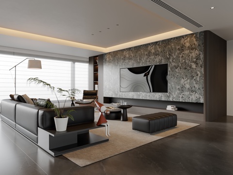 现代意式客厅 沙发茶几 电视背景墙 多人沙发 休闲椅 落地灯su模型