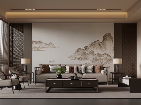 新中式沙发茶几组合 背景墙su模型