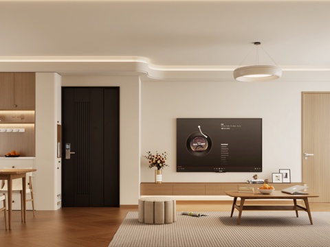  奶油中古风客餐厅 奶油风沙发 中古风沙发 中古风餐桌酒柜3d模型 