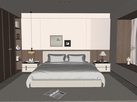 意式轻奢家居卧室 主卧床头背景墙 皮质双人床 床头柜吊线灯su模型