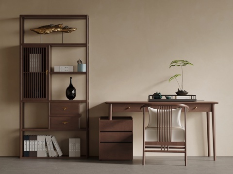 新中式书桌椅 博古架su模型