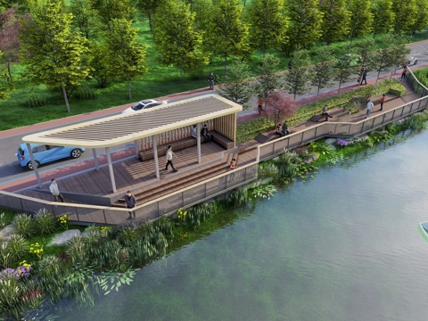  现代滨水景观 河岸景观 景观公园su模型 