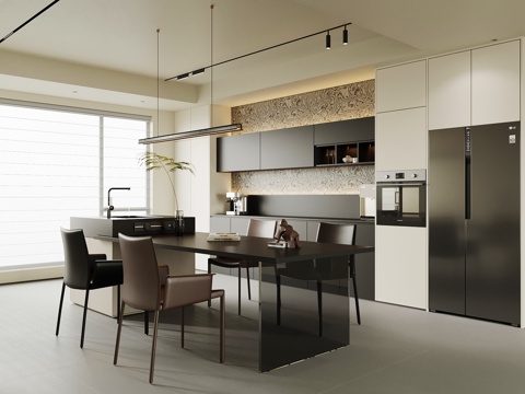 现代意式餐厅 餐桌椅 酒柜 餐边柜su模型