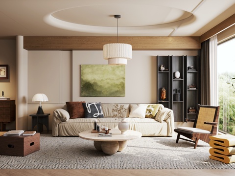  侘寂中古风客厅 横厅 复古风客厅3d模型 