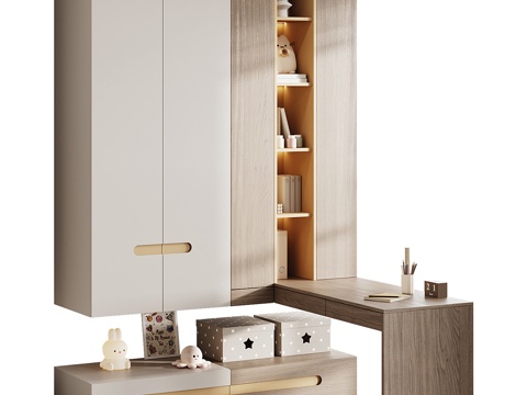  现代奶油风儿童衣柜 儿童书柜3d模型 