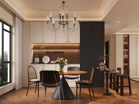  法式中古餐厅酒柜 中古圆餐桌椅组合 法式中古吧台吧椅 中古花su模型 