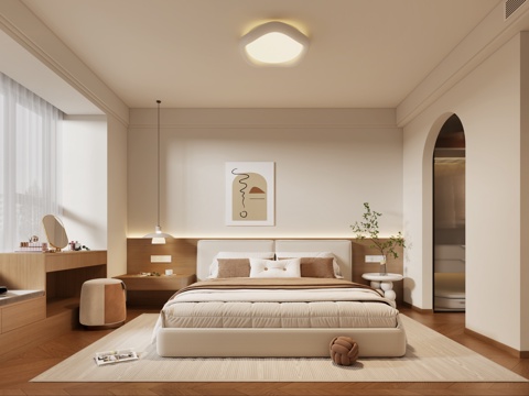  奶油风卧室主卧 中古风卧室主卧 奶油风床 中古风床3d模型 