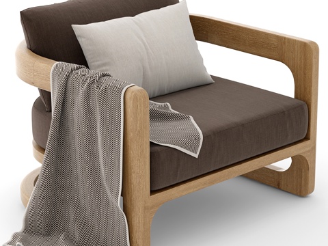  新中式布艺木质单人沙发3d模型 