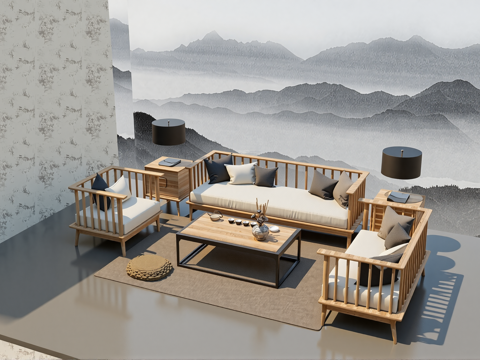 新中式沙发组合su模型