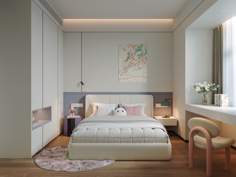  现代女儿房，儿童床，开槽柜门，请蓝调，圆地毯3d模型 