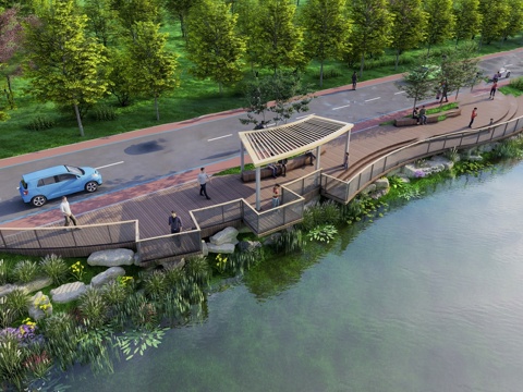  现代滨水景观 河岸景观 滨水景观公园 滨江栈道景观su模型 