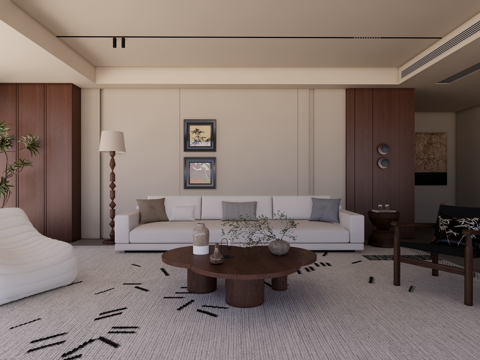  现代中古家居客厅 无主灯客厅 组合 中古风挂画su模型 