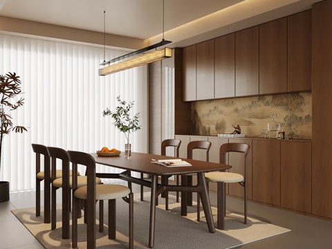 新中式餐厅 餐桌椅 餐边柜 酒柜su模型