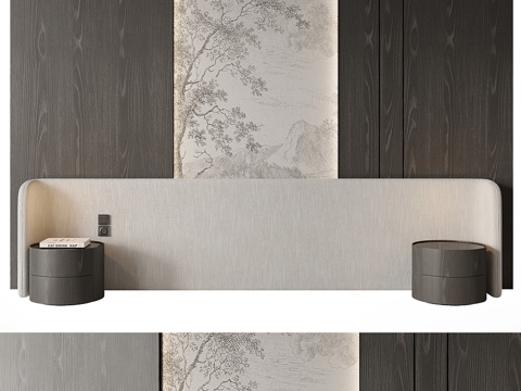  新中式床头背景墙 装饰墙板3d模型 