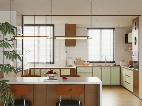  巴豪斯厨房 中古风开放式厨房 岛台厨房3d模型 