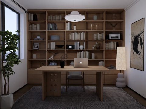 现代极简原木风家装书房su模型