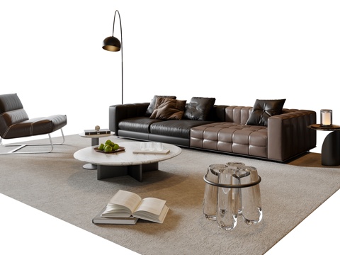 现代意式沙发茶几组合 多人沙发 皮质沙发 休闲椅 地毯su模型