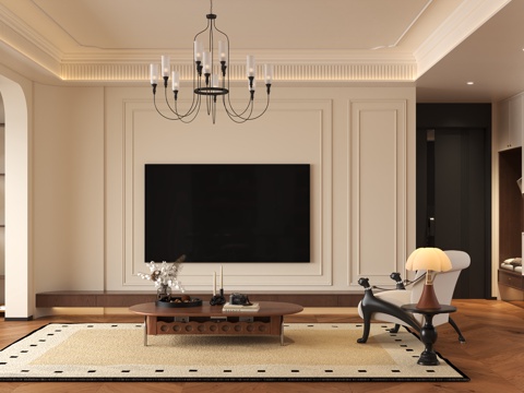  法式中古客厅吊灯 中古电视背景墙 法式复古单椅边几 法式中古3d模型 